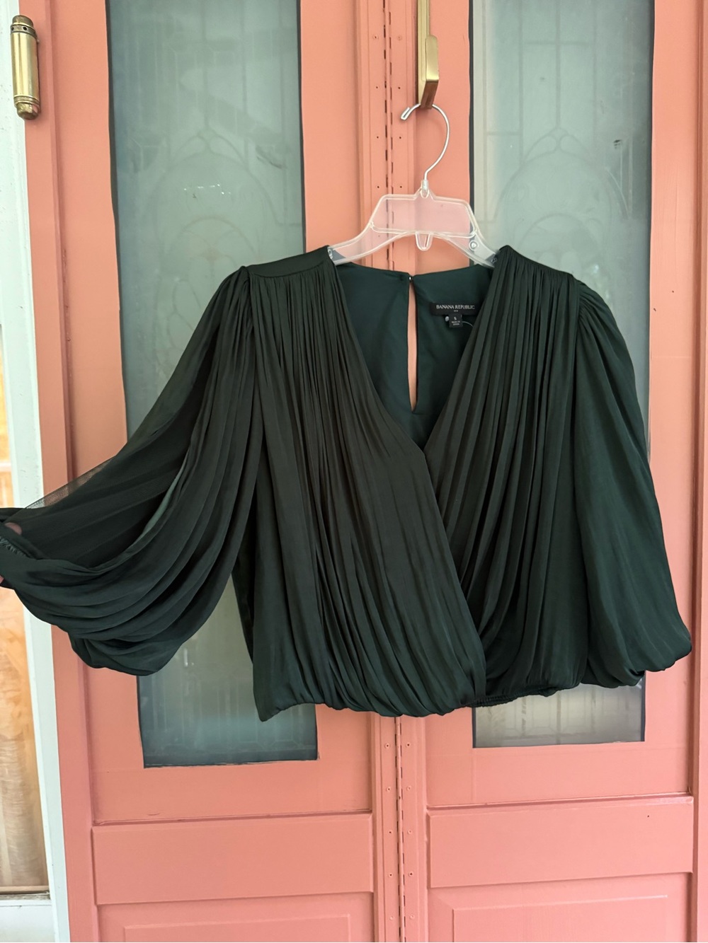 Banana Republic Black Pleated Surplice Balloon-Sleeve Blouse